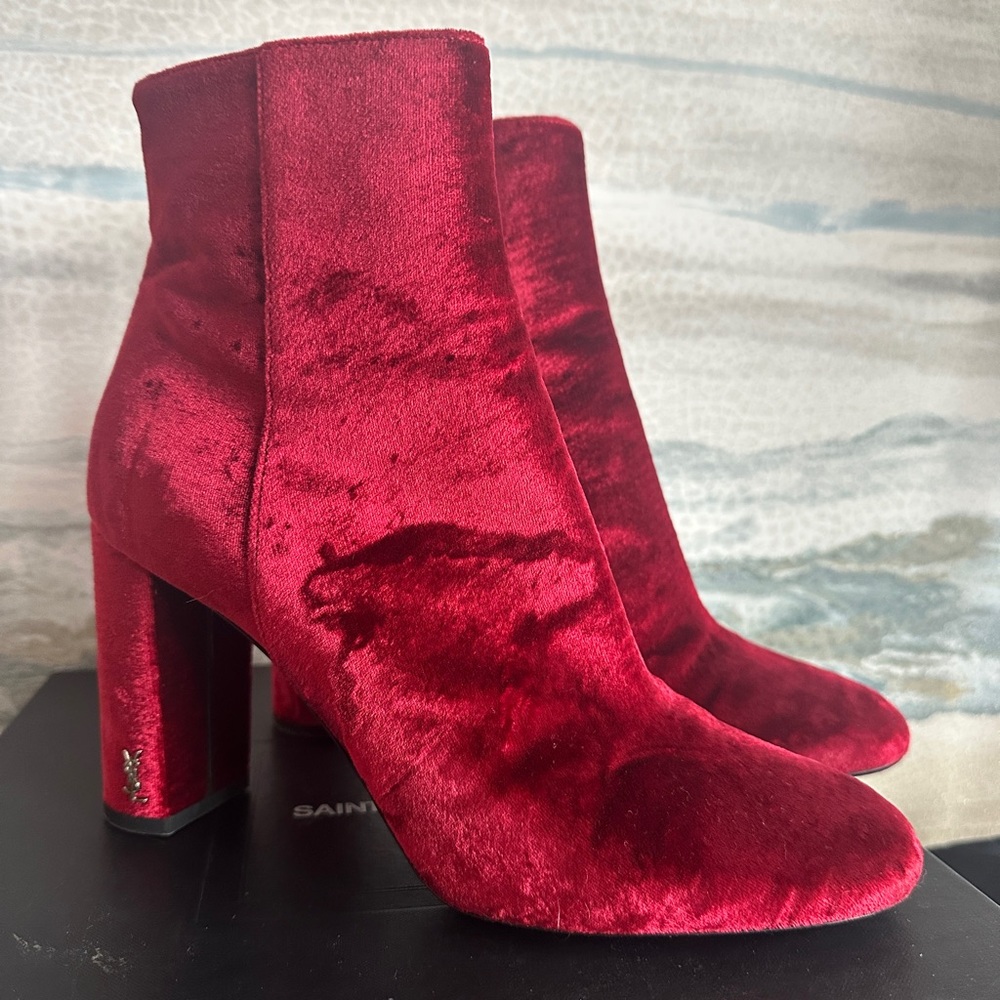 Saint Laurent Red Velvet Ankle Boots - Picture 5 of 13